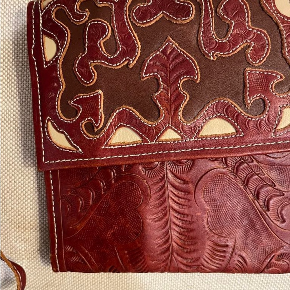 Brown and Cream Embossed Leather bag wallet